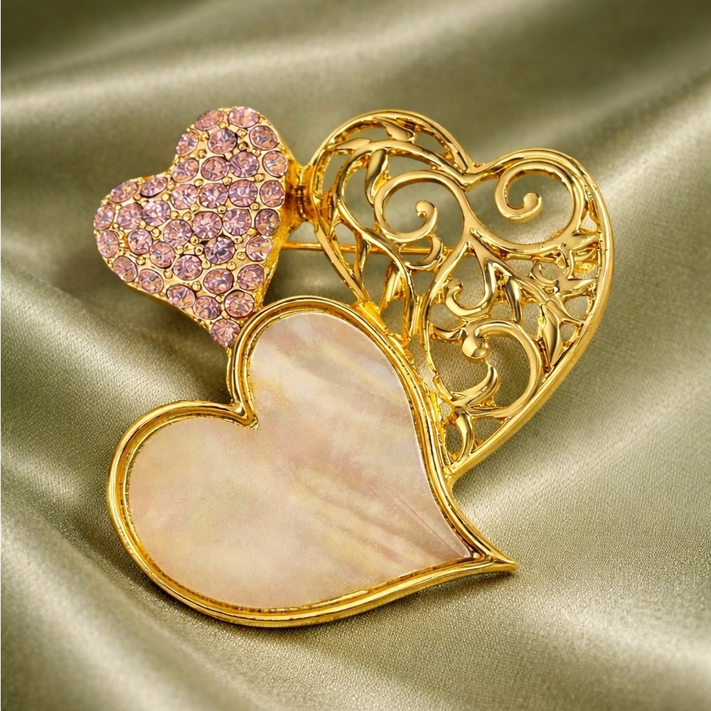 Heart Gold Crystal Brooch